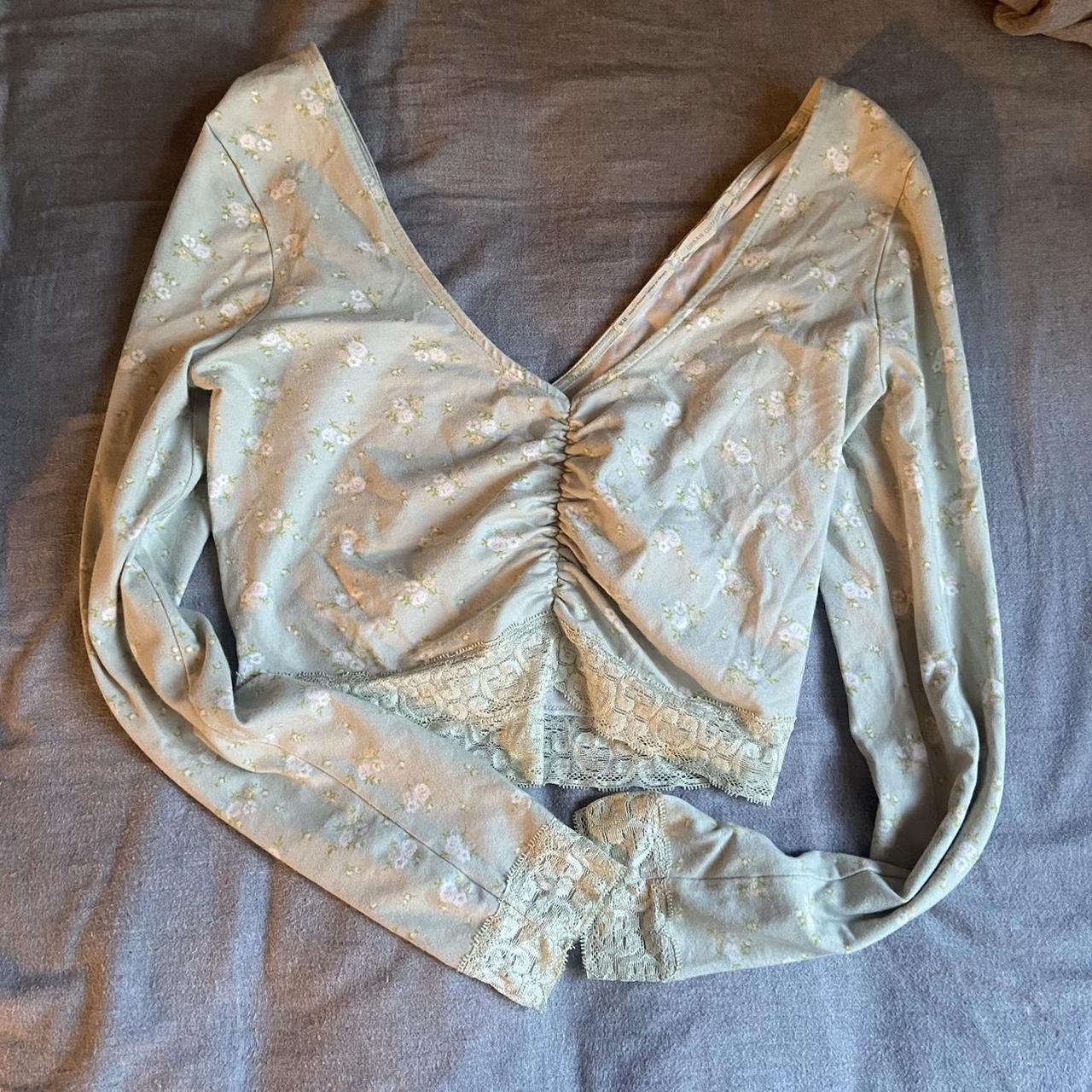 light green floral long sleeve crop top v neck urban... Depop