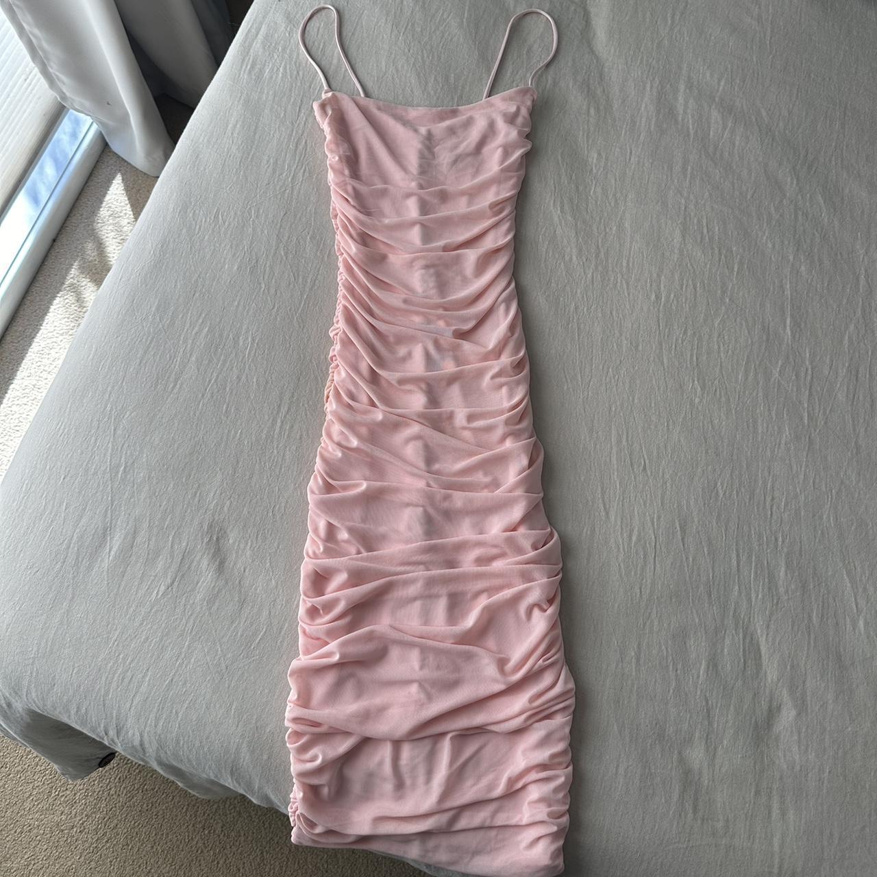 First date ruched mesh bodycon knee length dress in blush hotsell