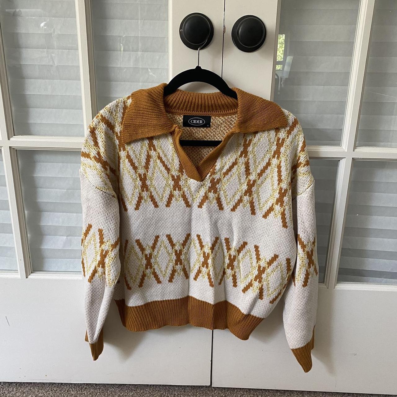 Cider Women's Orange and White Jumper Depop