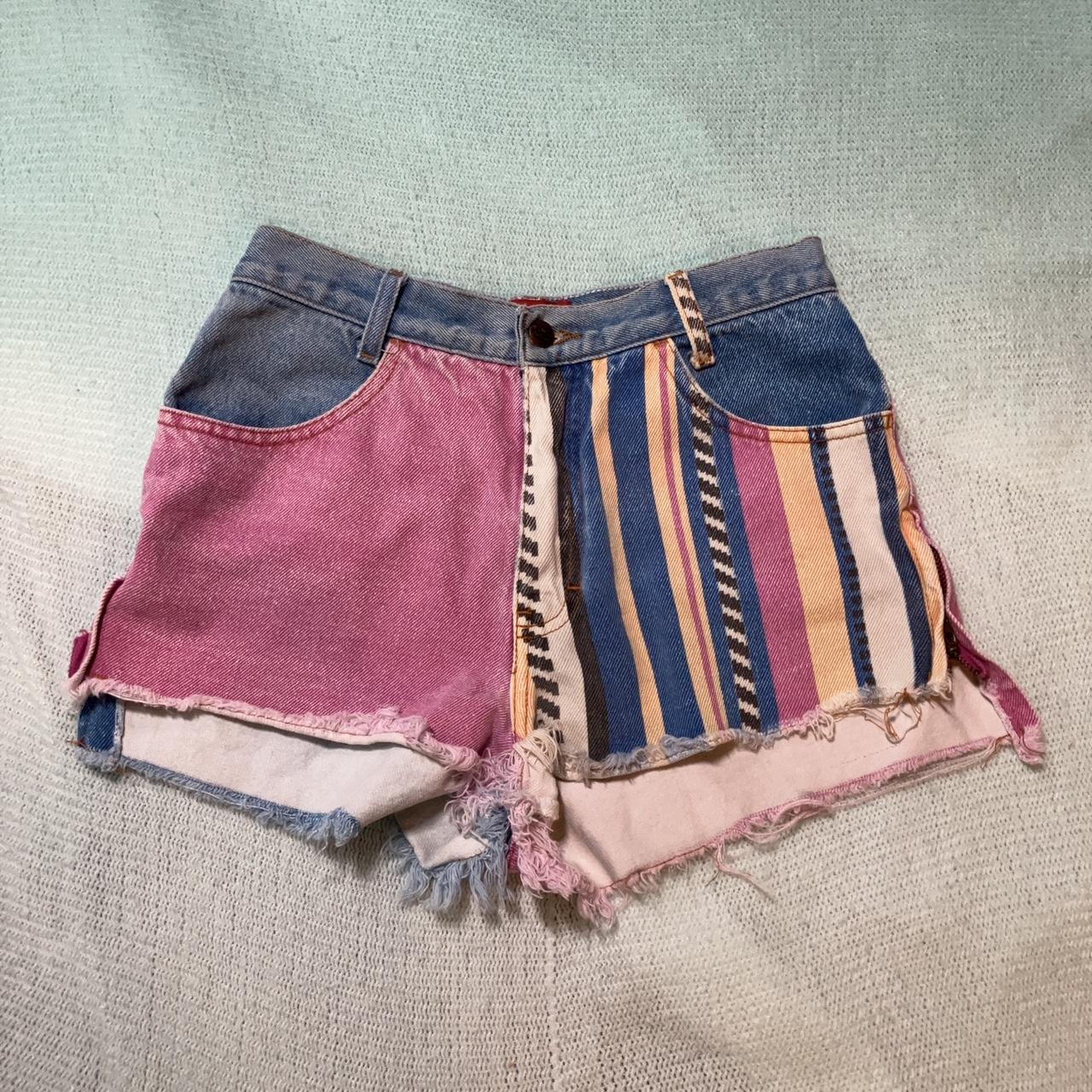 early 90s vintage jean shorts with cool abstract and... - Depop