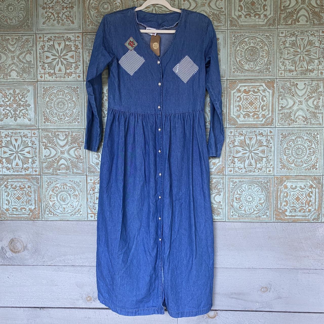 Size small denim button up dress with a few patches... - Depop