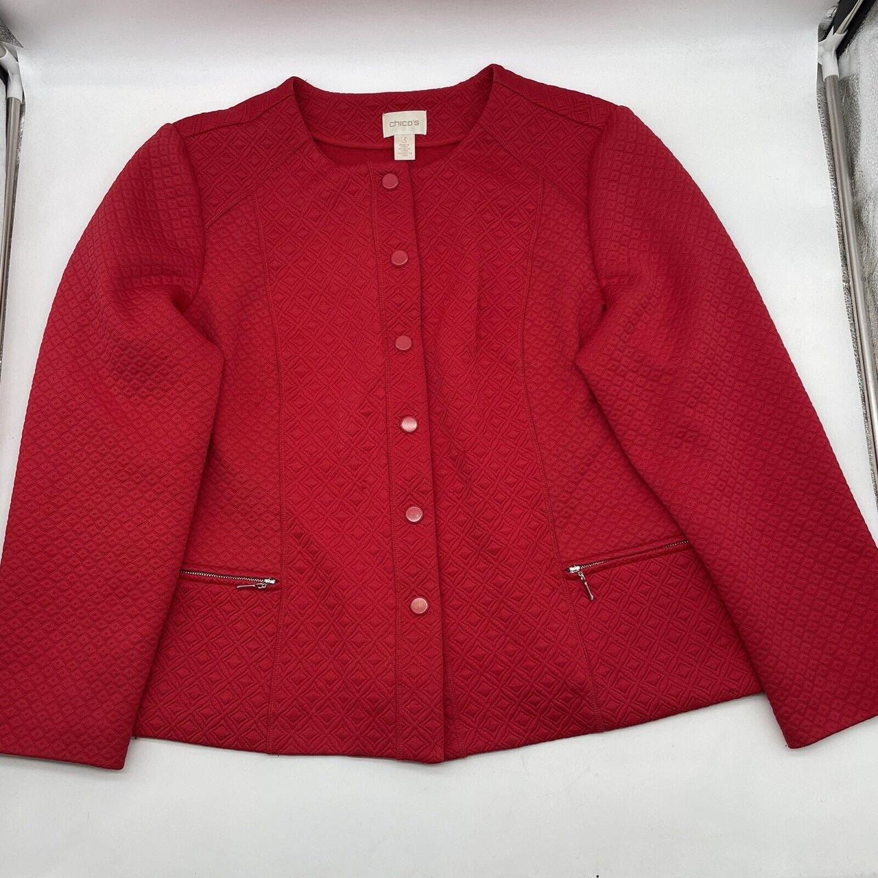 Chicos Red Diamond Quilted Jacket Collarless Snap