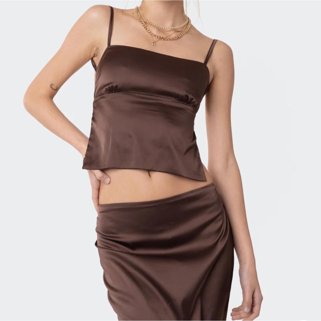 Brown satin open back lace up camitop crop top
