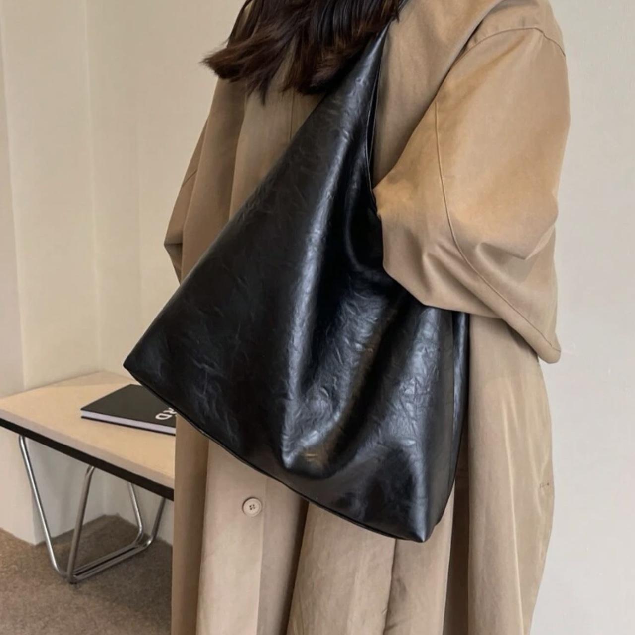 Black vegan leather shoulder tote bag - Depop
