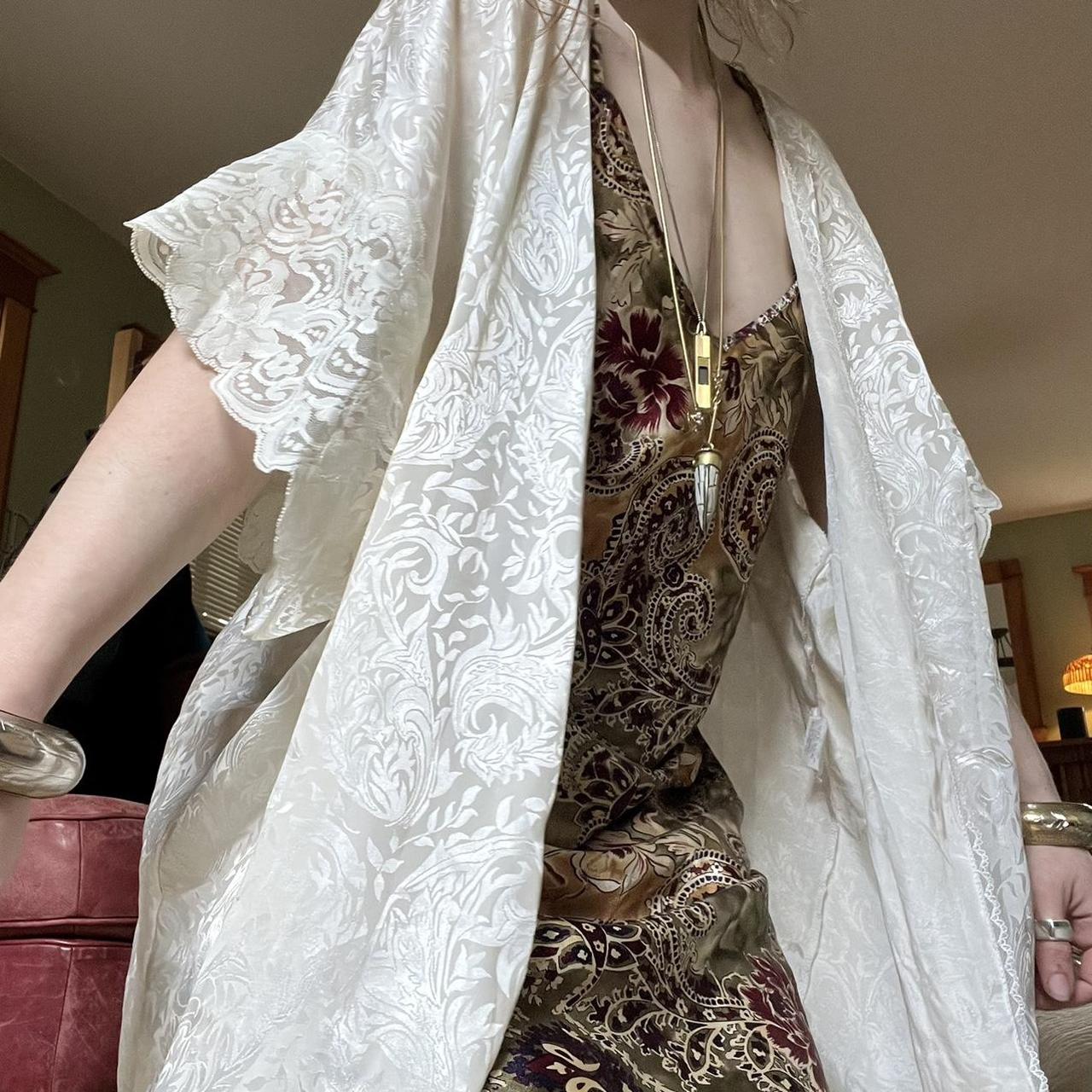 Satin ivory & floral embossed lace trim robe Thick... - Depop