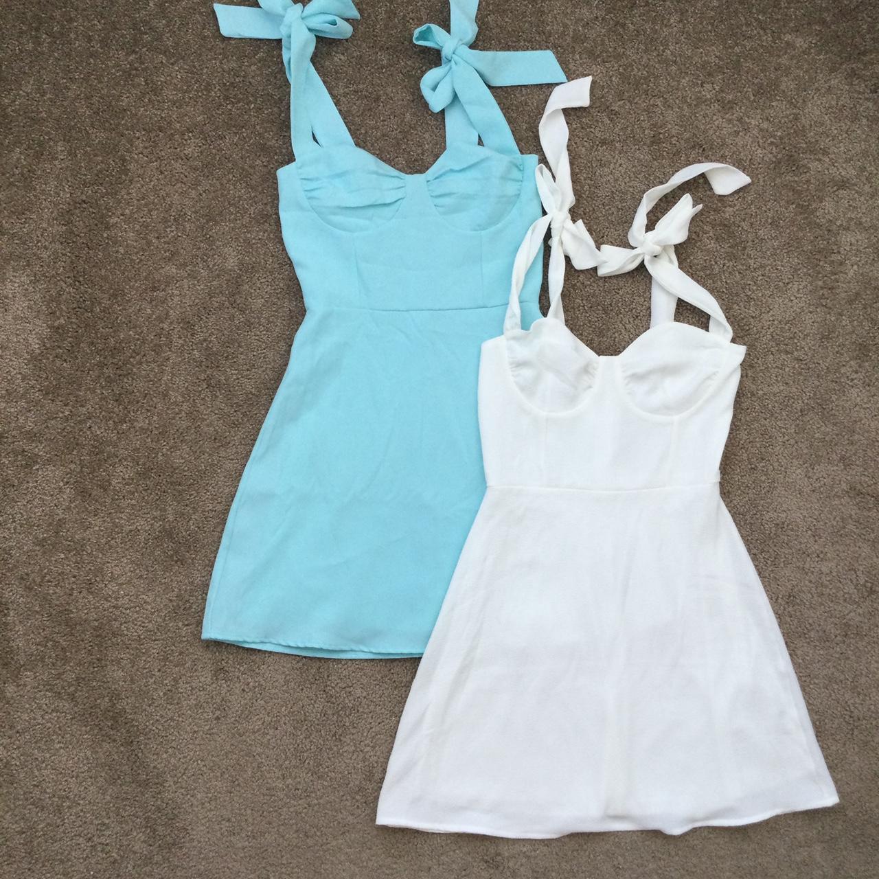 Lucy in the Sky Women's Blue and White Dress Depop