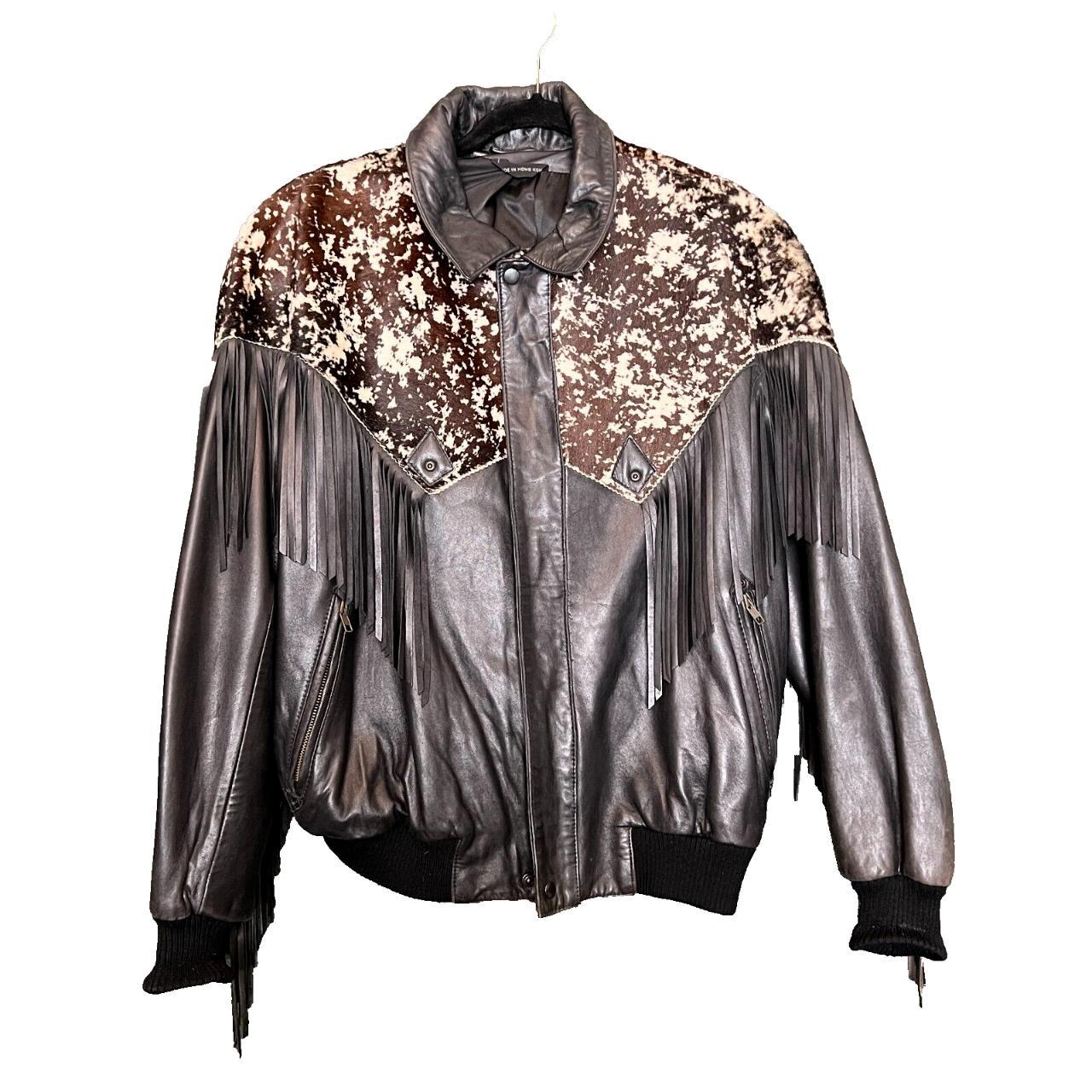 VTG Leather Bomber Jacket Black & Cow Print Tassled... - Depop
