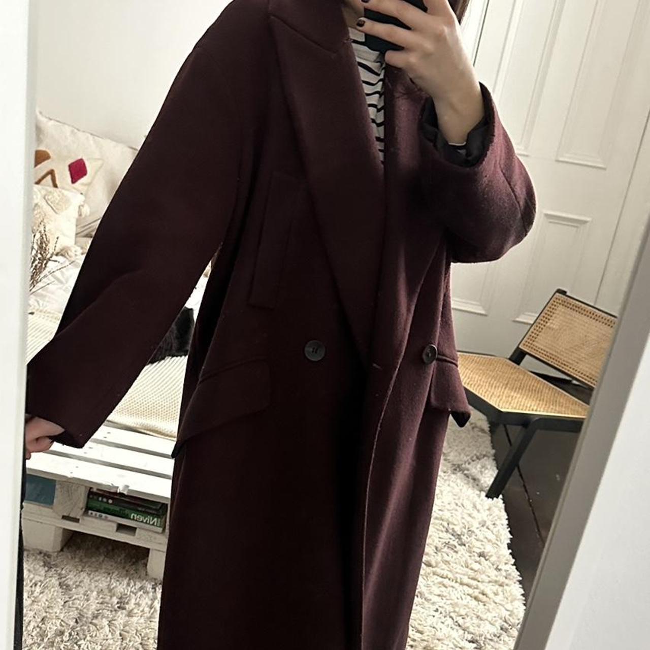 Zara oversized burgundy / wine coat over knee length... - Depop