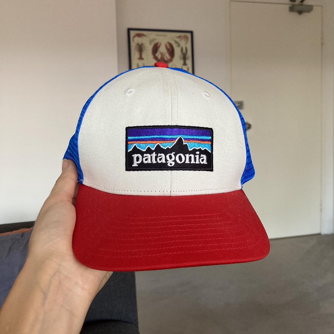 Patagonia P-6 Logo Trucker Hat Blue Red White Never - Depop