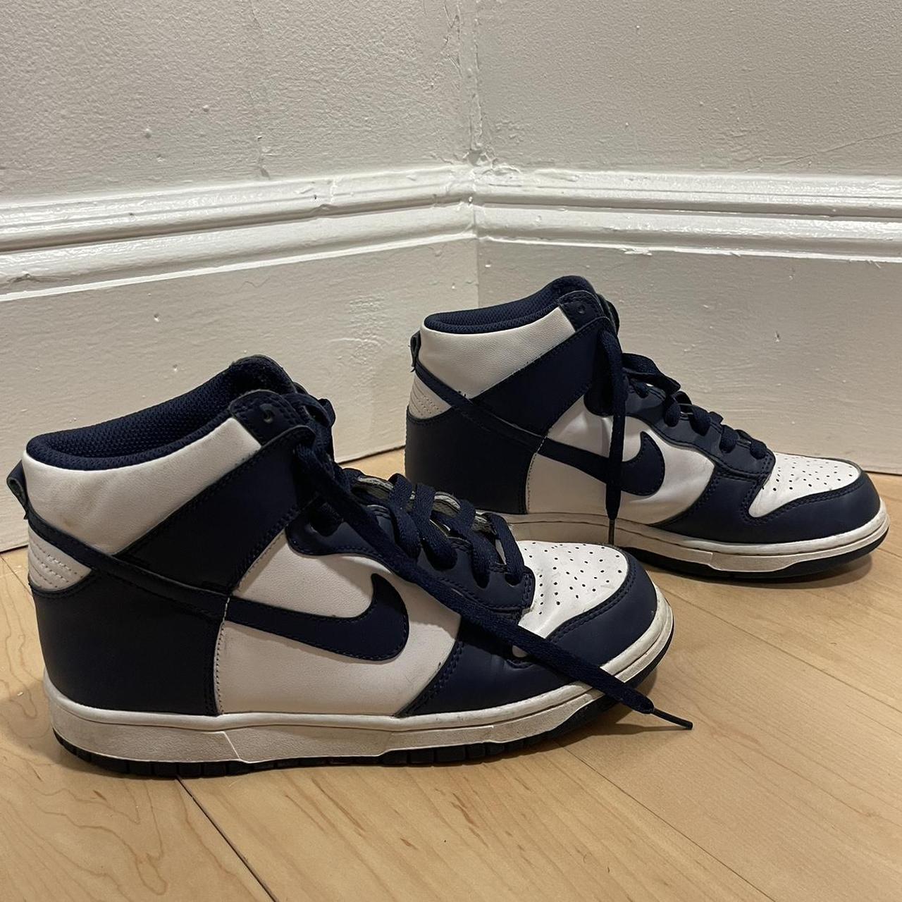 Navy and white Nike dunks high tops - Depop