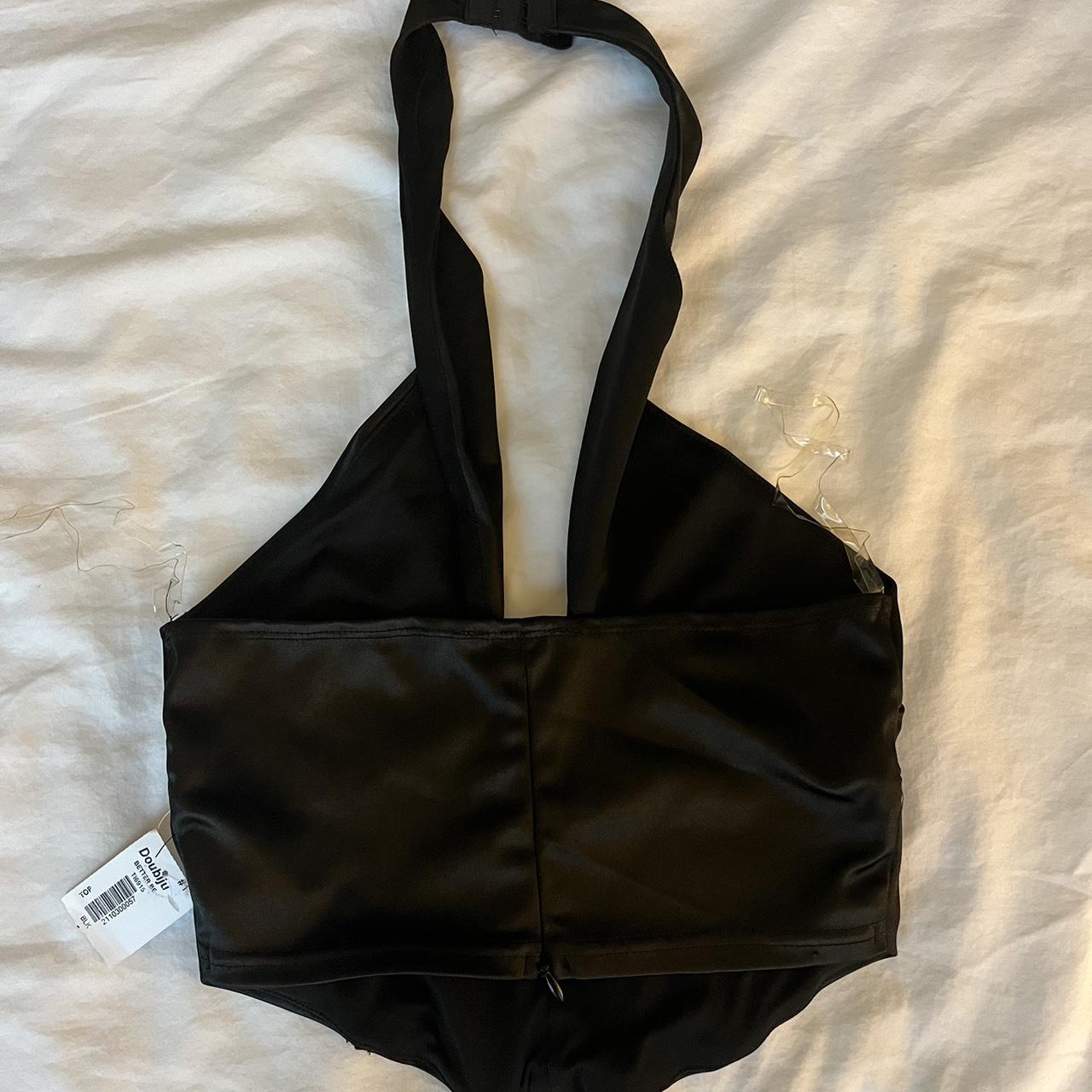 Satin like black deep v halter top Zipper in back... - Depop