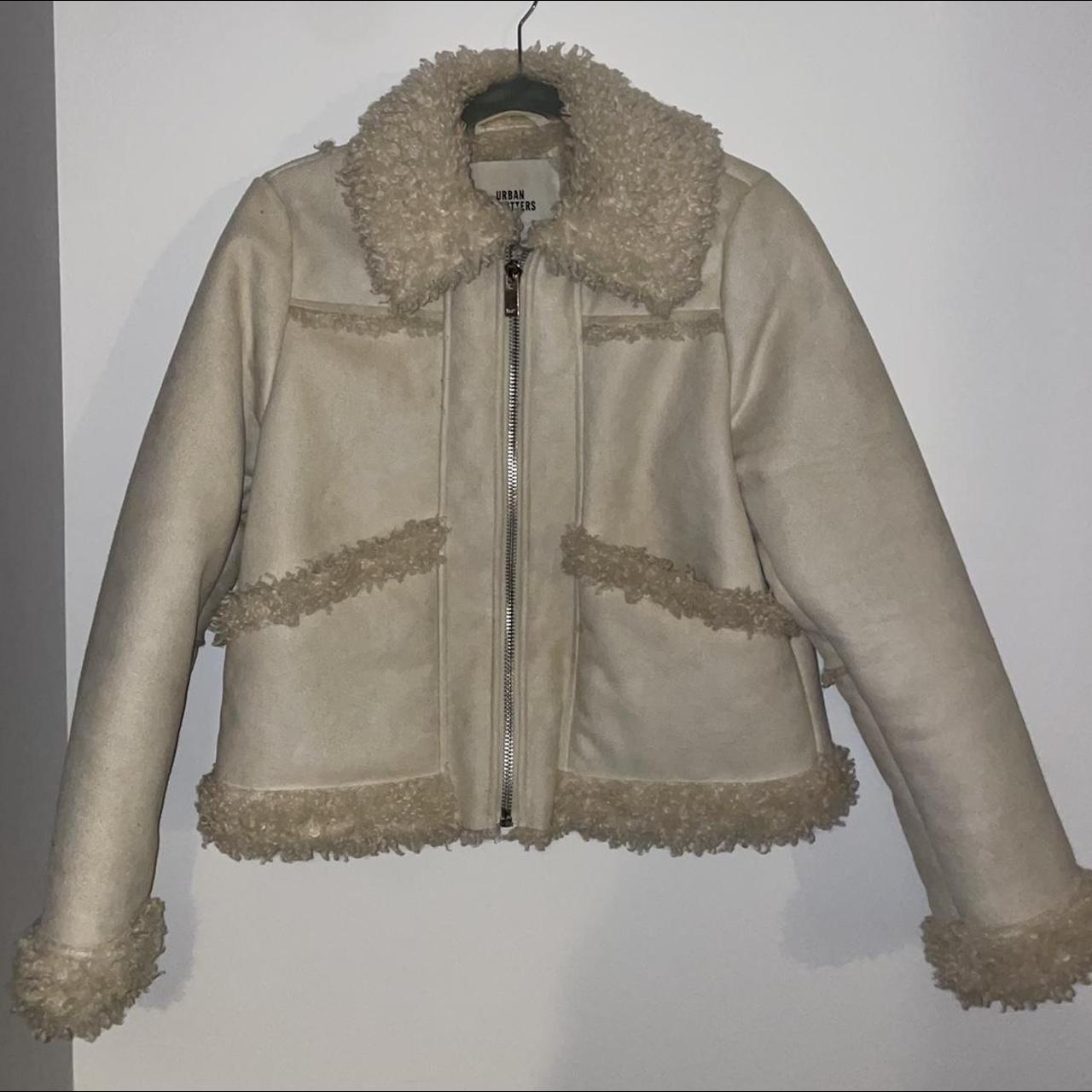 urban outfitters fur suede cream jacket size... - Depop