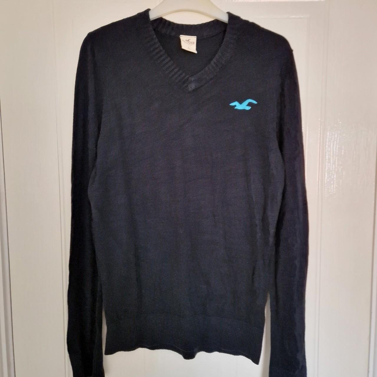 Mens Hollister black winter jumper with pale blue. Depop