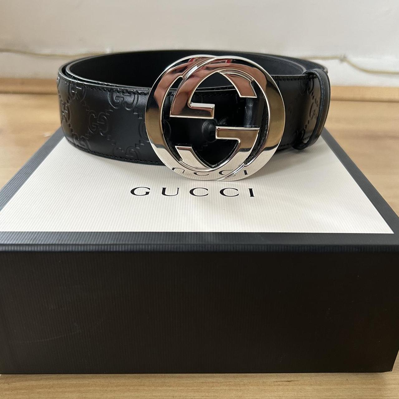 Black Gucci belt with silver detailing 95cm Only. Depop