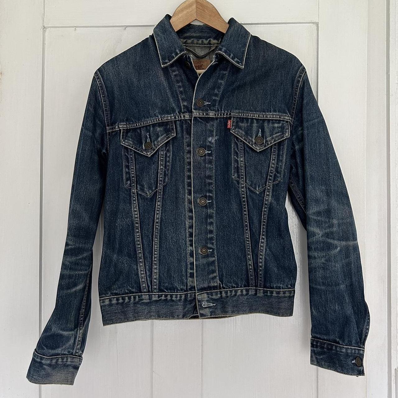 Vintage Levi’s denim jacket. Dark denim blue, red... - Depop