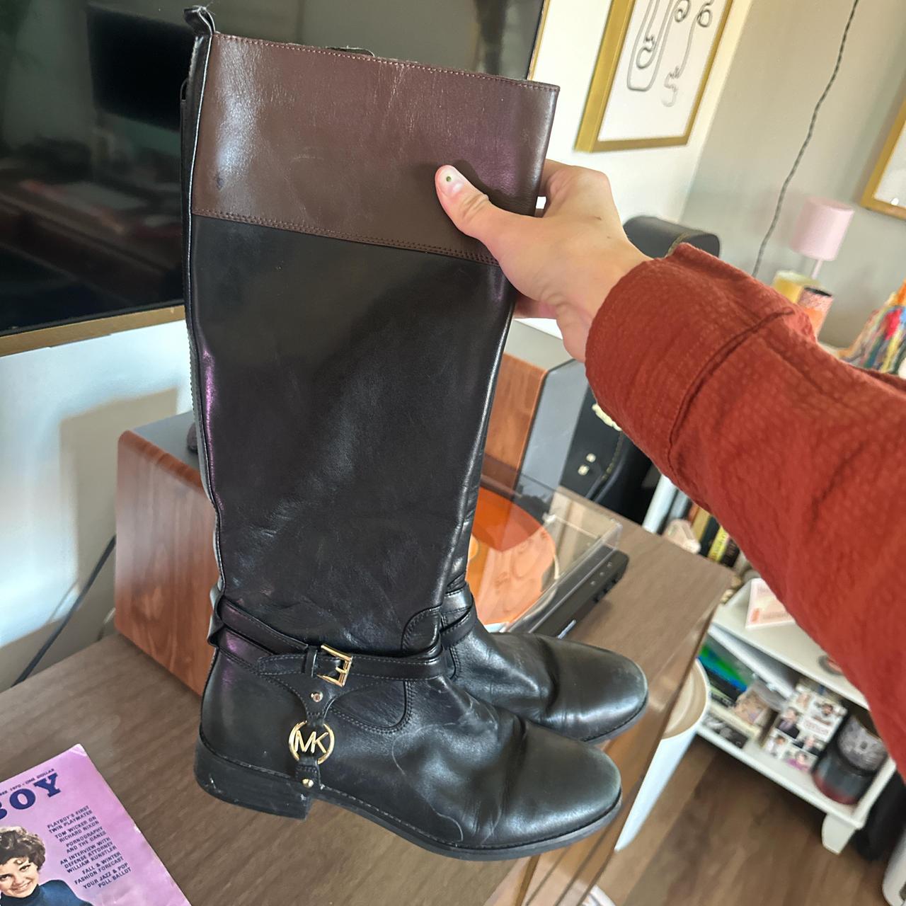 Black and brown michael kors leather riding boots. Depop