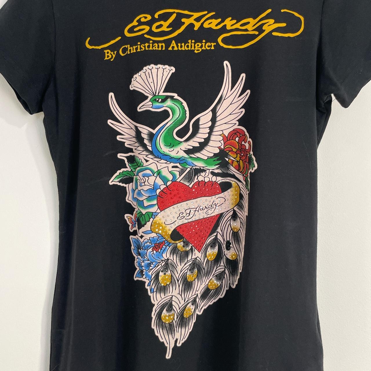 Ed Hardy Women's Navy and Burgundy T-shirt | Depop