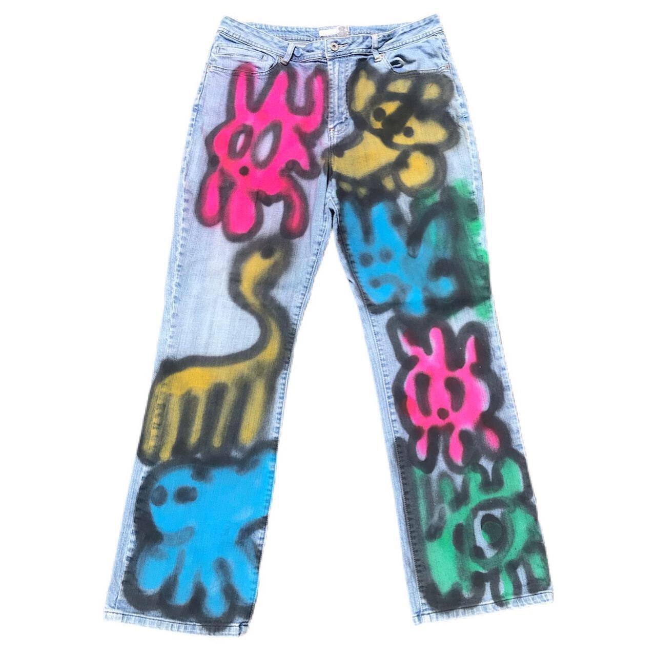 Street Airbrush Graffiti Denim Jeans Reworked 1/1... - Depop