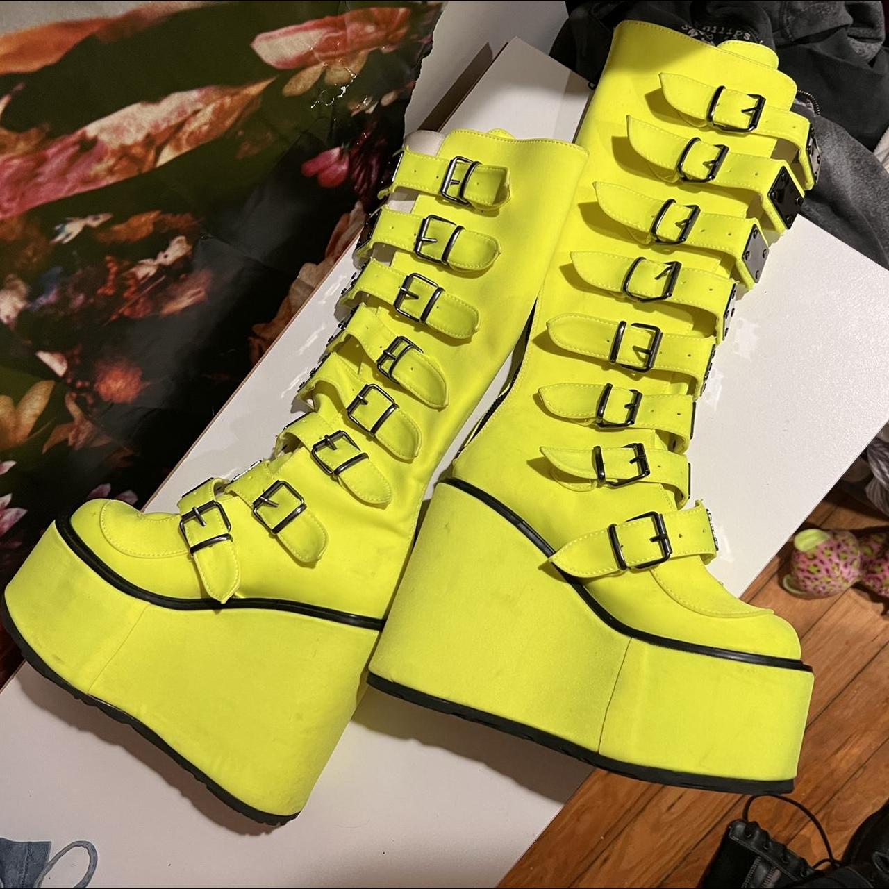 Neon green Dolls Kill trinity boots by Demonia