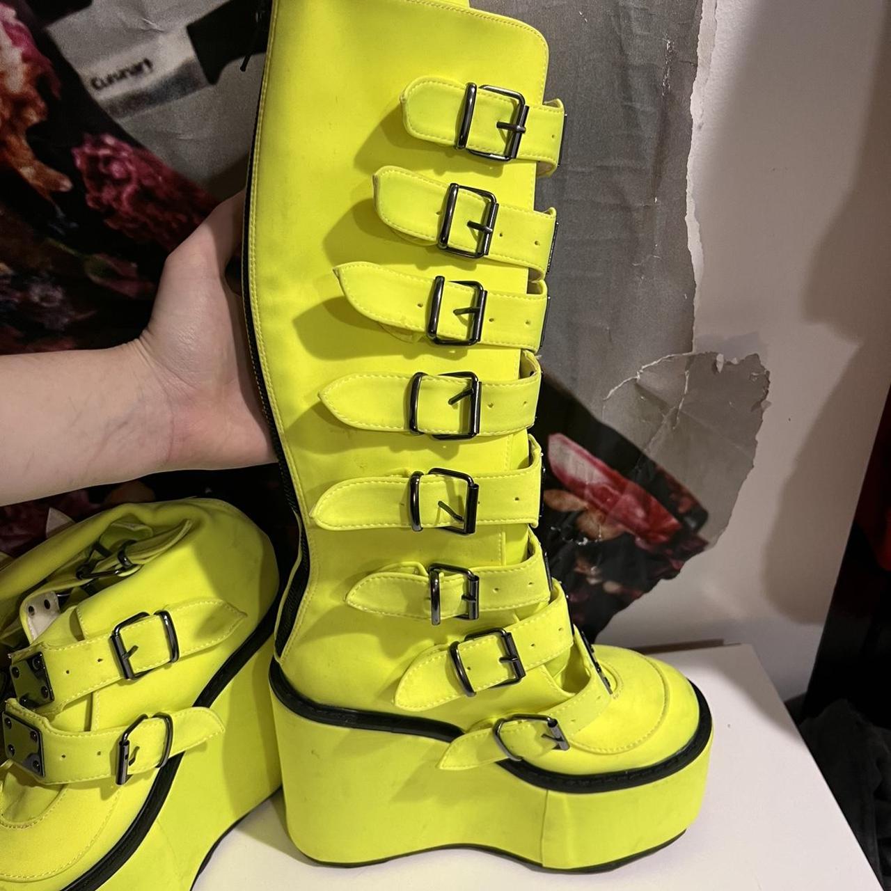 Neon green Dolls Kill trinity boots by Demonia