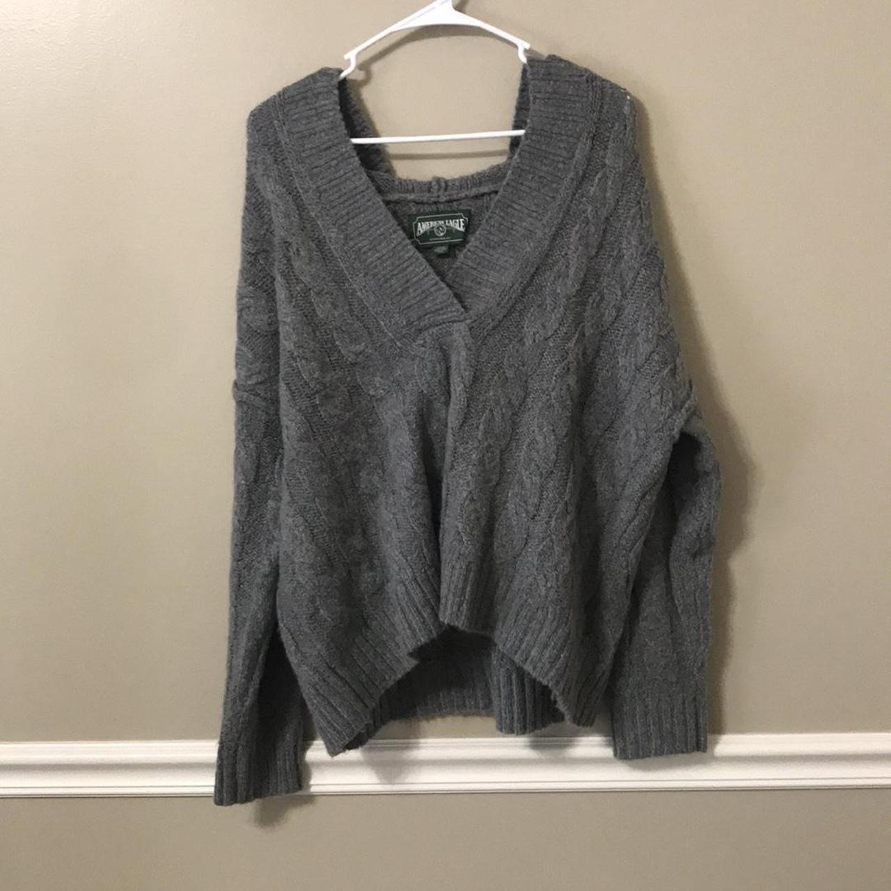 American Eagle V-Neck Pullover Hood Grey Long Sleeve... - Depop