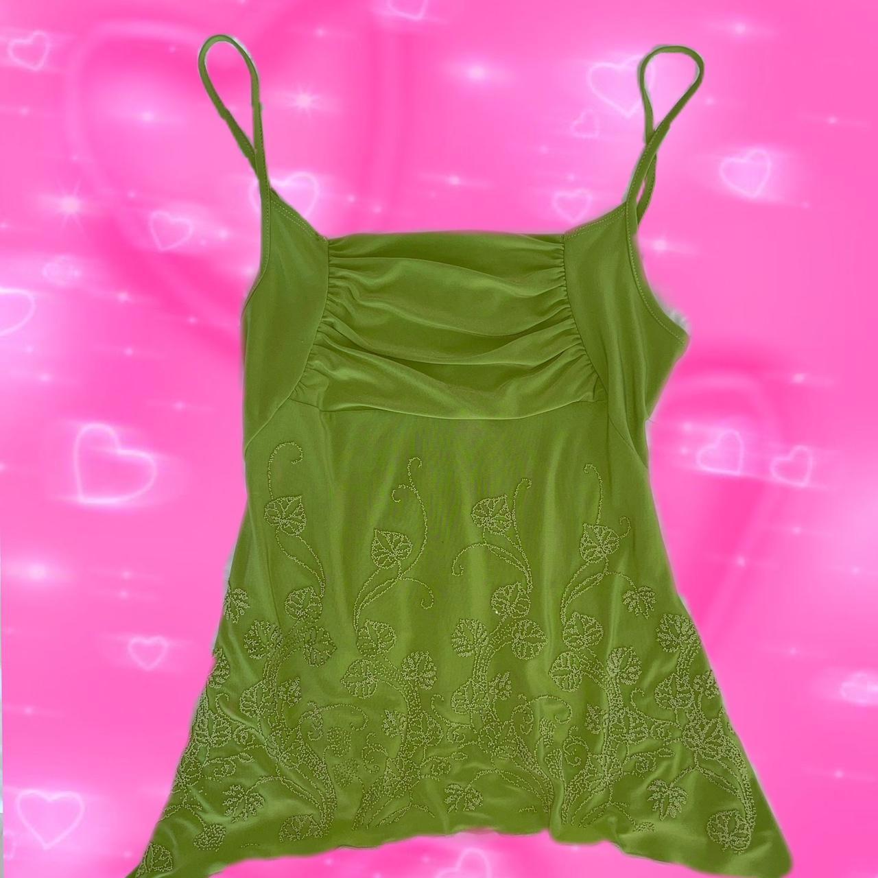 Asymmetrical lime green ruched and beaded y2k cami... - Depop