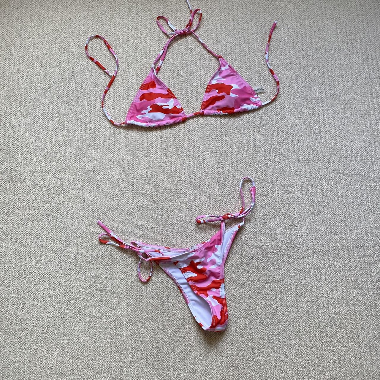 Pink y2k khaki camouflage bikini, cheeky cut, ties... Depop