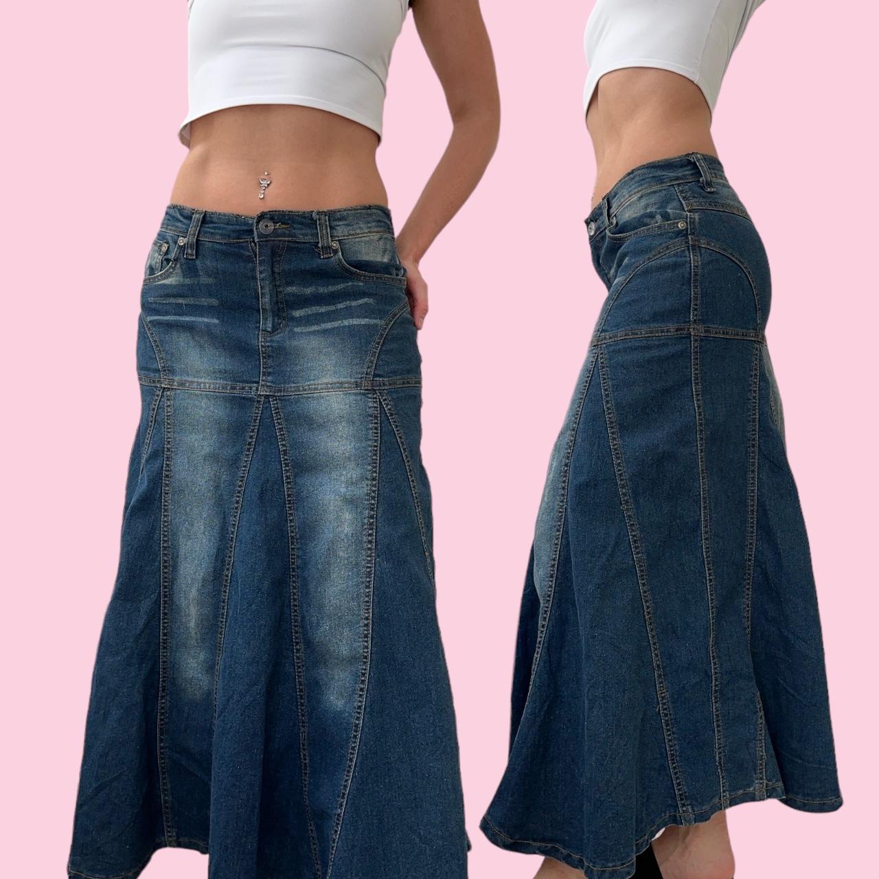 Early 00s Denim Maxi Skirt In faded medium wash... - Depop