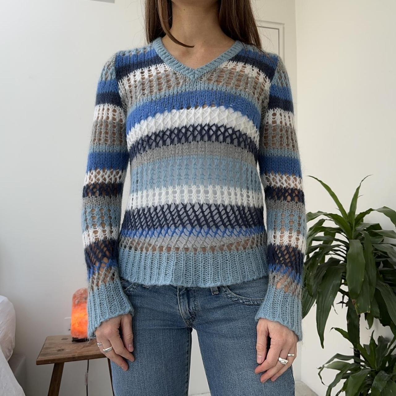 Early 00s Stripe Knitted Jumper in blue, navy... - Depop