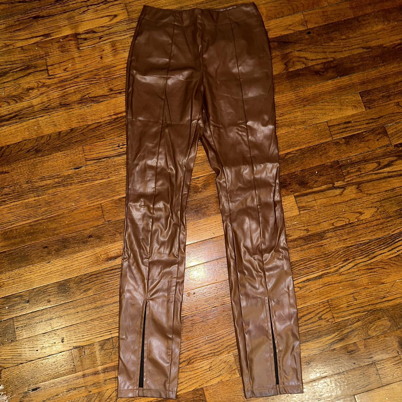Brown faux leather pants 🧸 Split on the front to... - Depop