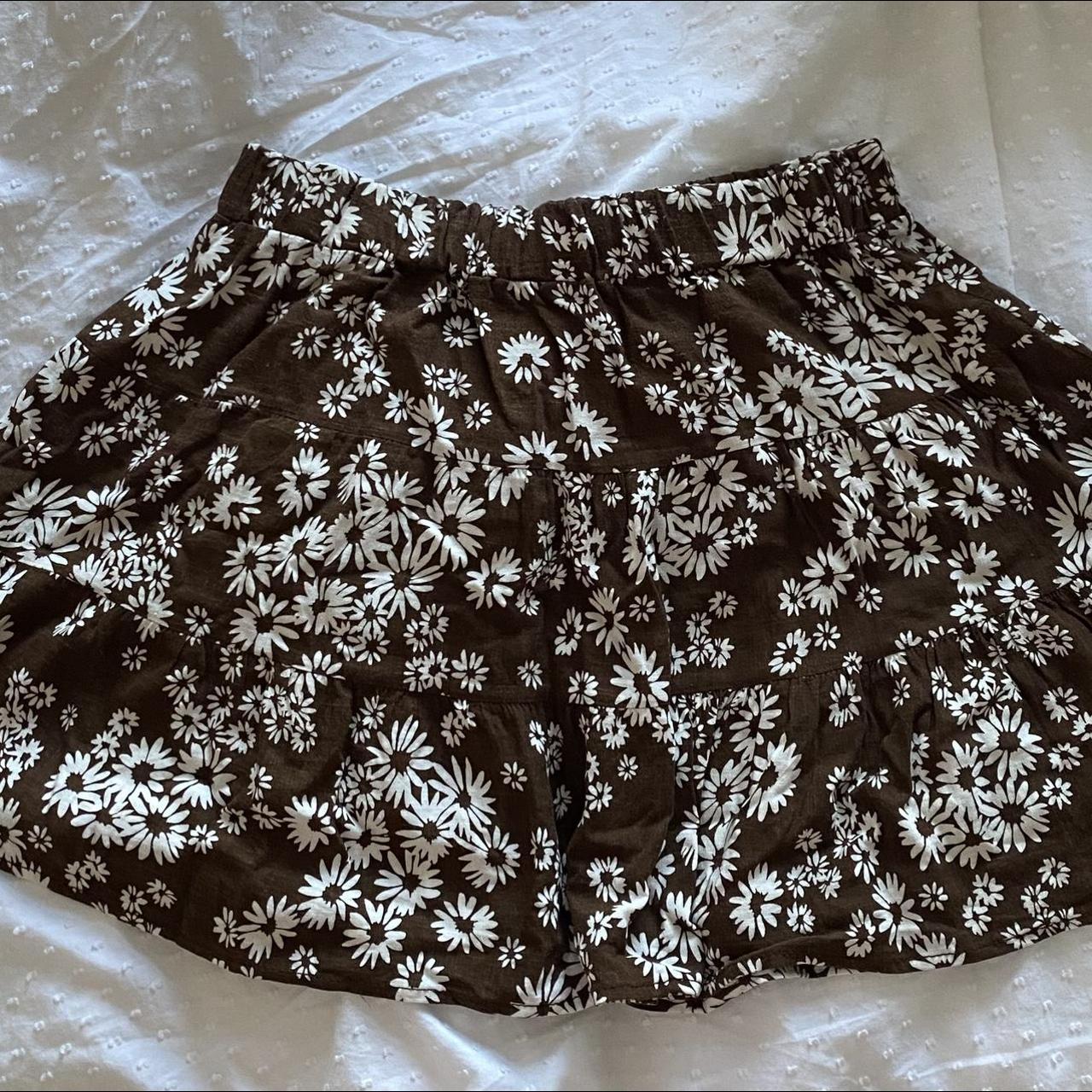 Bershka Brown And White Floral Tiered Flowy Skirt - Depop