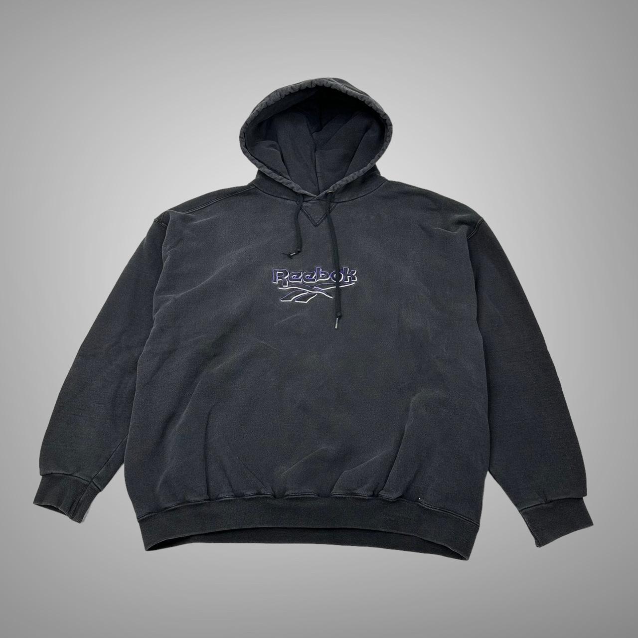 Vintage 1990s faded black Reebok hoodie size medium... - Depop