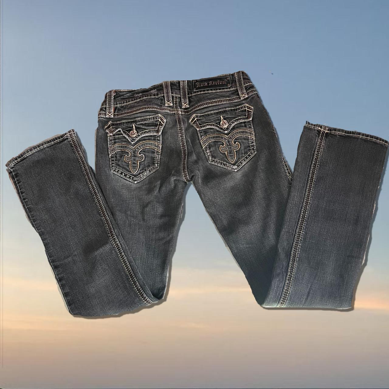 Y2K DARK GREY ROCK REVIVAL BOOTCUT JEANS !CARD... Depop