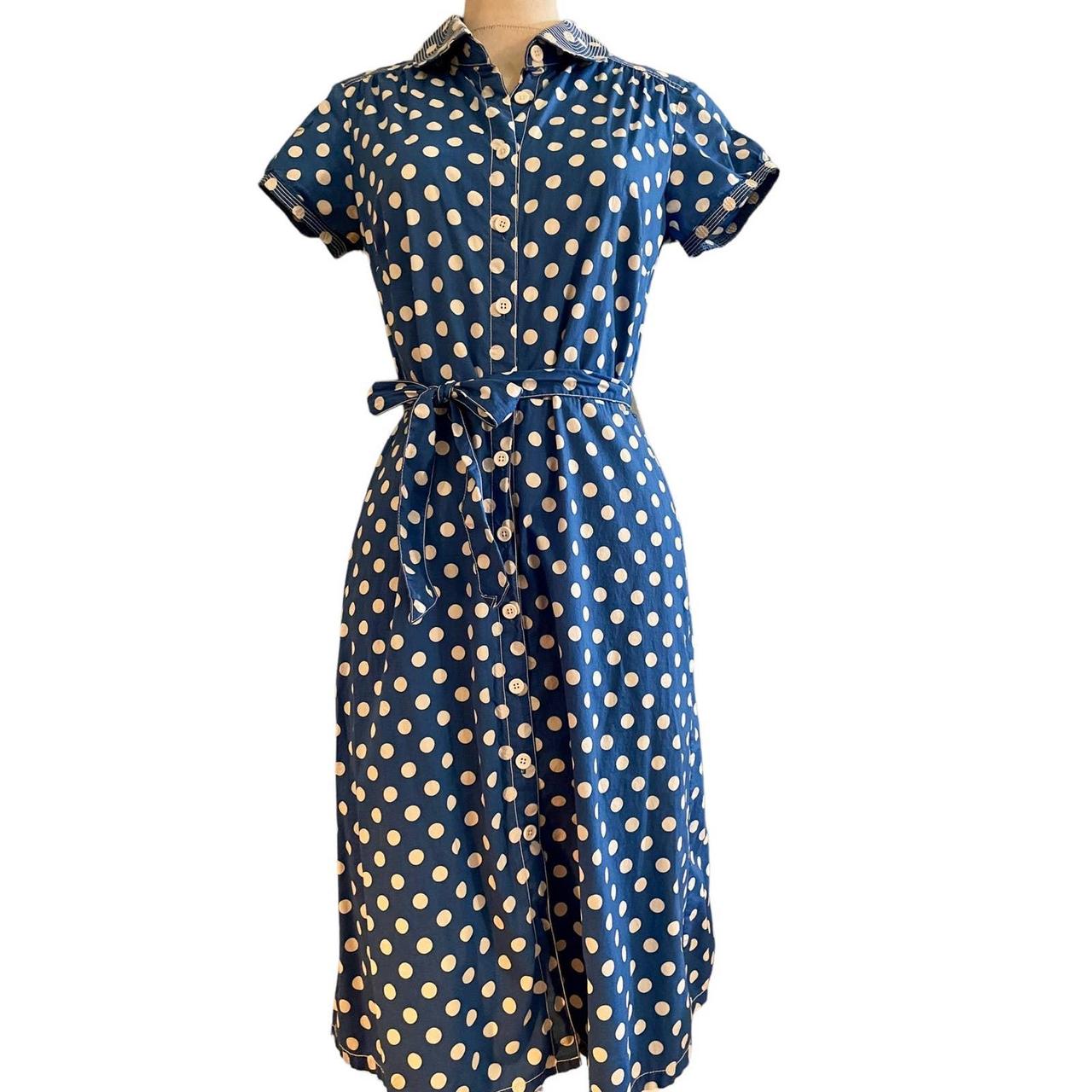 Blue & white polka dot retro style button down dress... - Depop