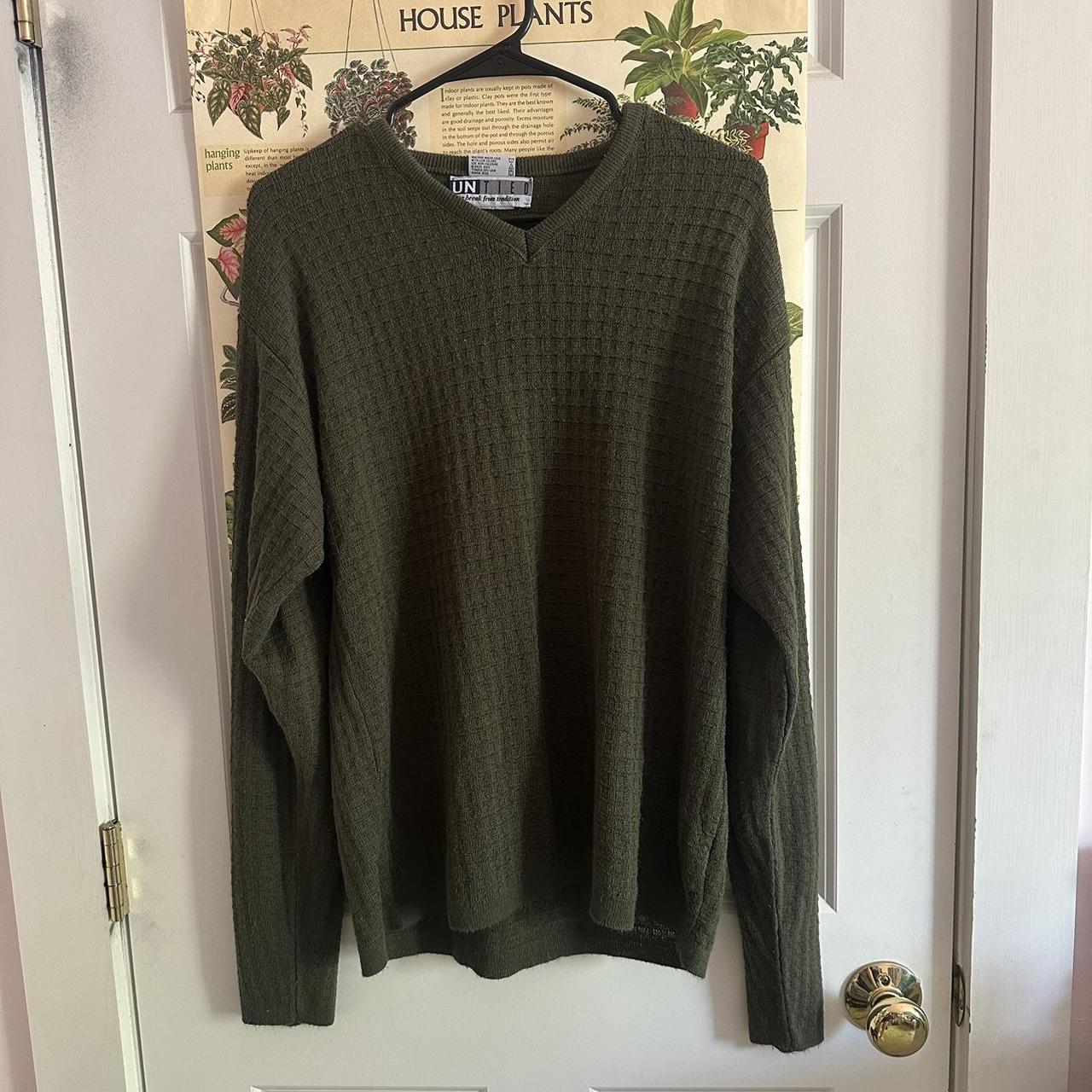 90s Green Grandpa lightweight waffle knit sweater... - Depop