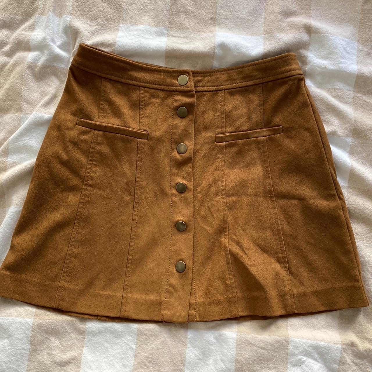 Zara tan suede skirt in size XS with popper buttons... Depop