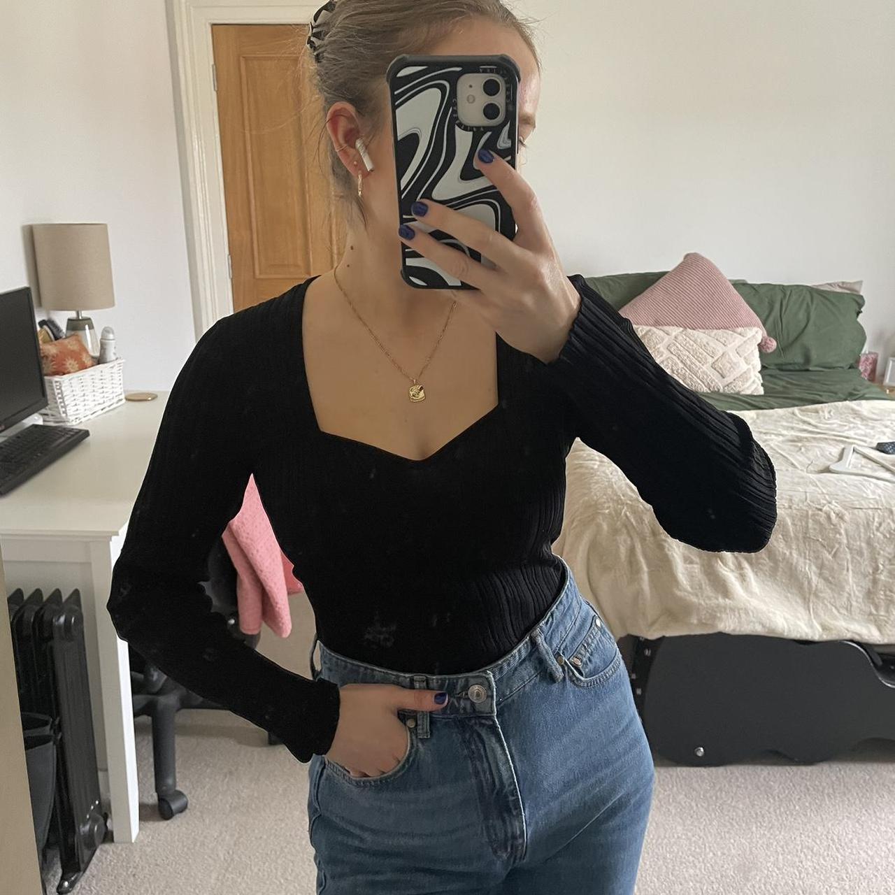 Black long sleeve elasticated top with sweetheart... - Depop