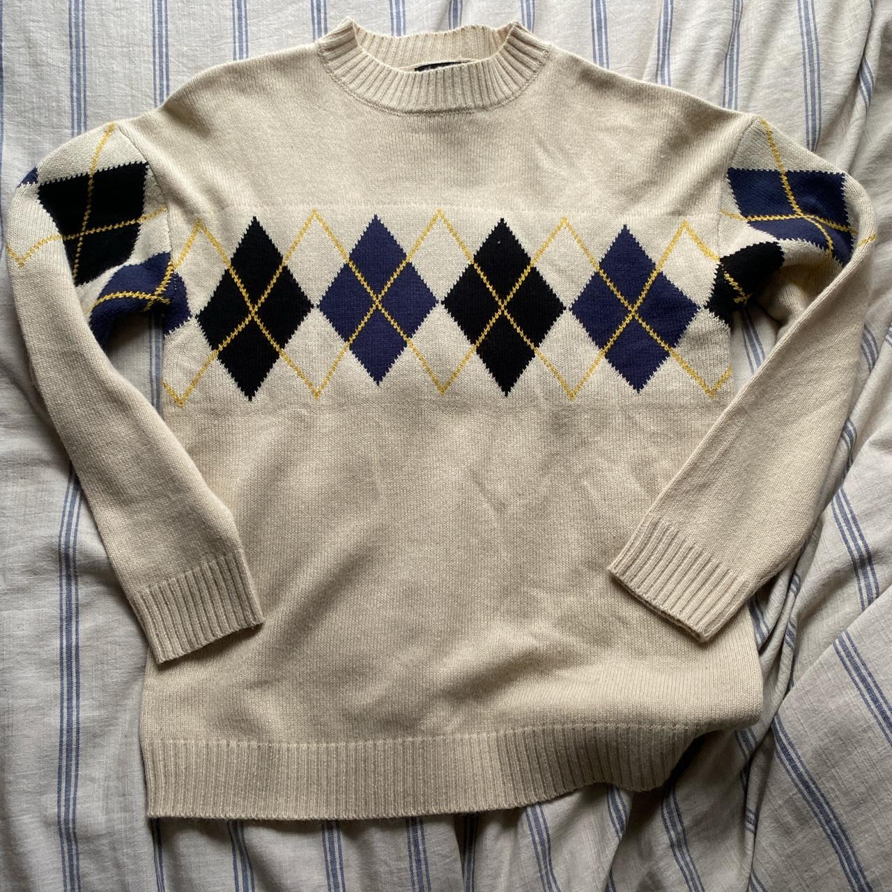 oversized cream argyle sweater no noticeable flaws,... - Depop