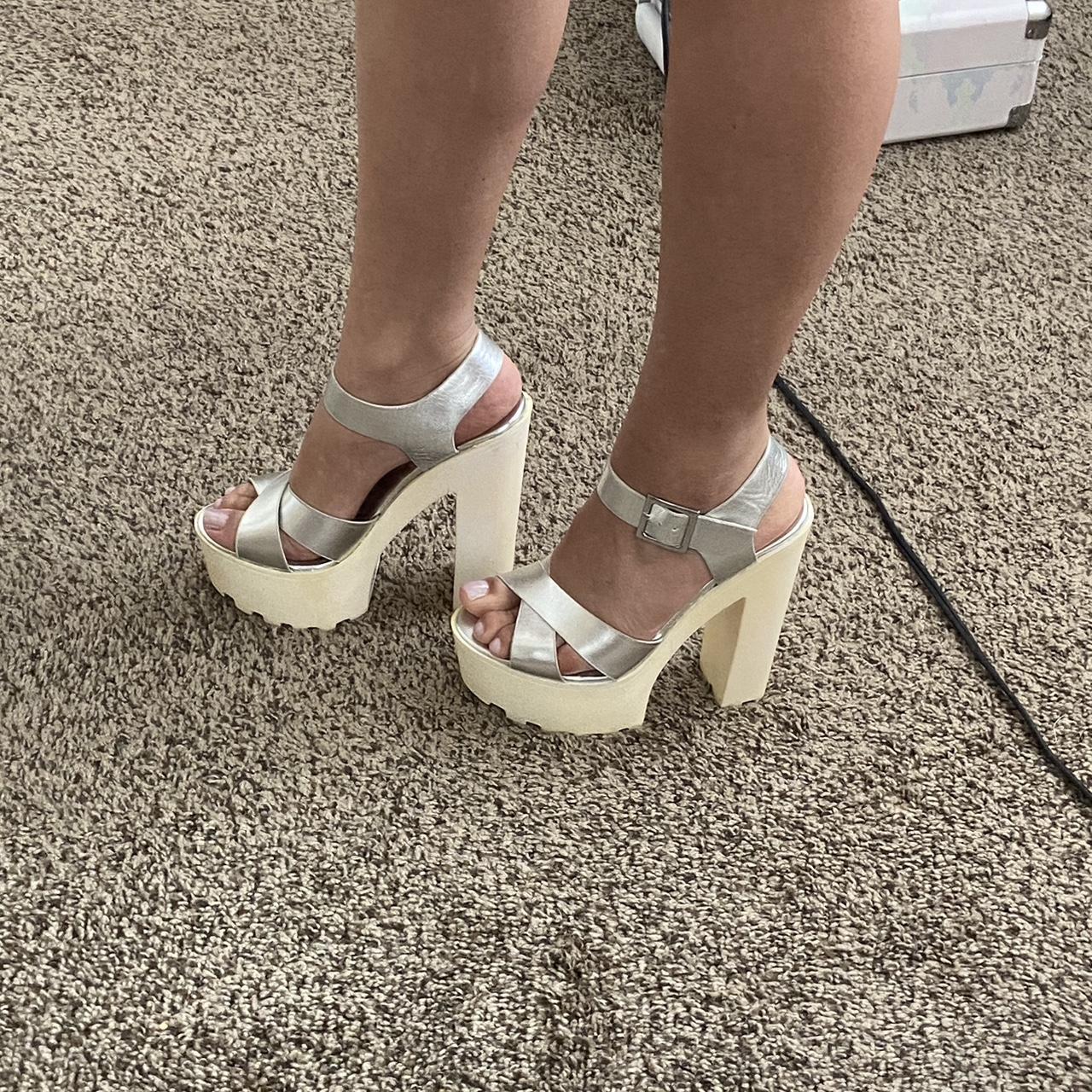 Silver chunky platform heels with adjustable straps Depop