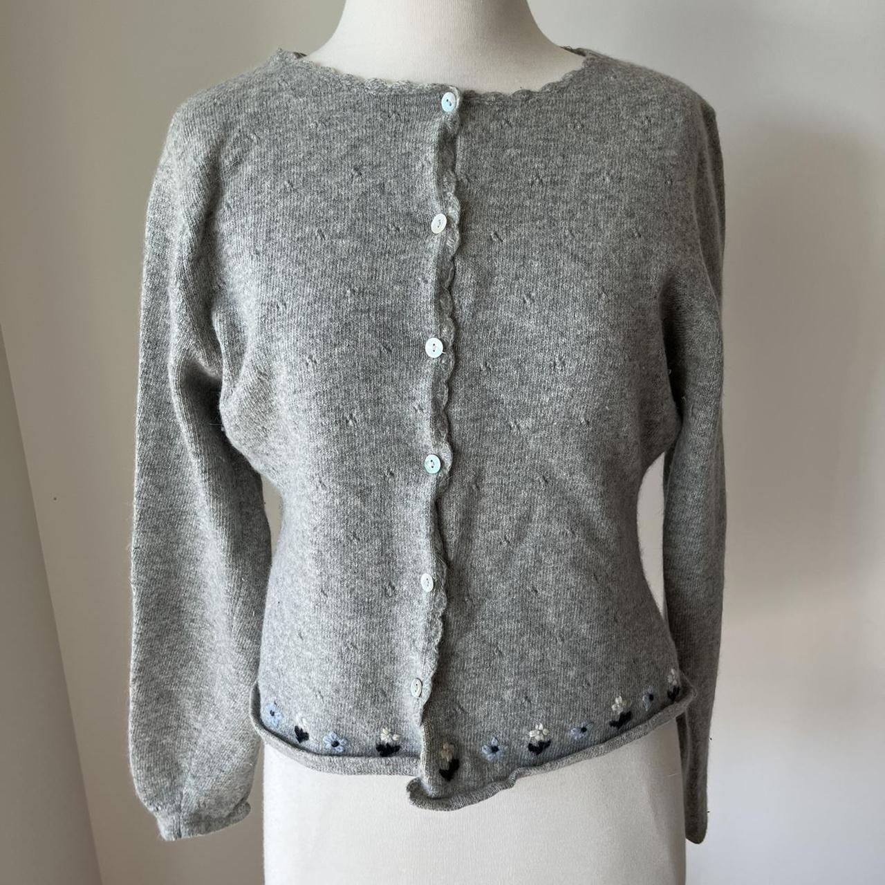 Vintage grey cardigan with floral embroidery on... - Depop