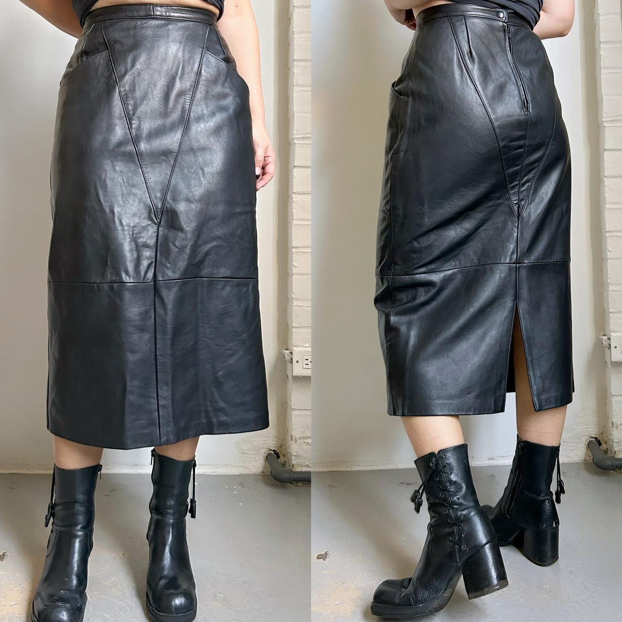 80s vintage highwaisted leather skirt Measures 26”... - Depop