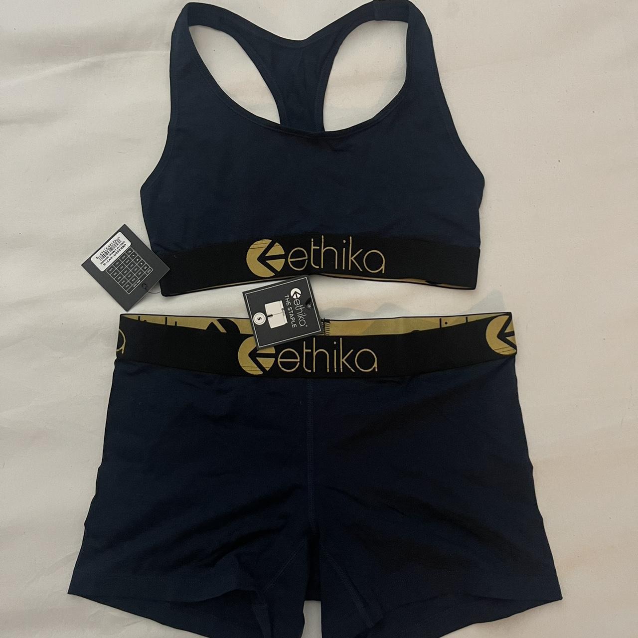 Ethika Women's Gold and Navy Shorts Depop