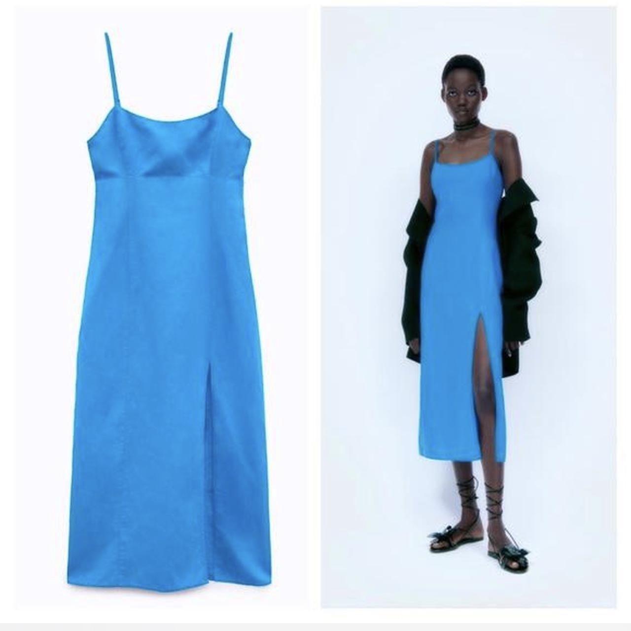 Zara Blue Strappy midi dress with slit Size. Depop