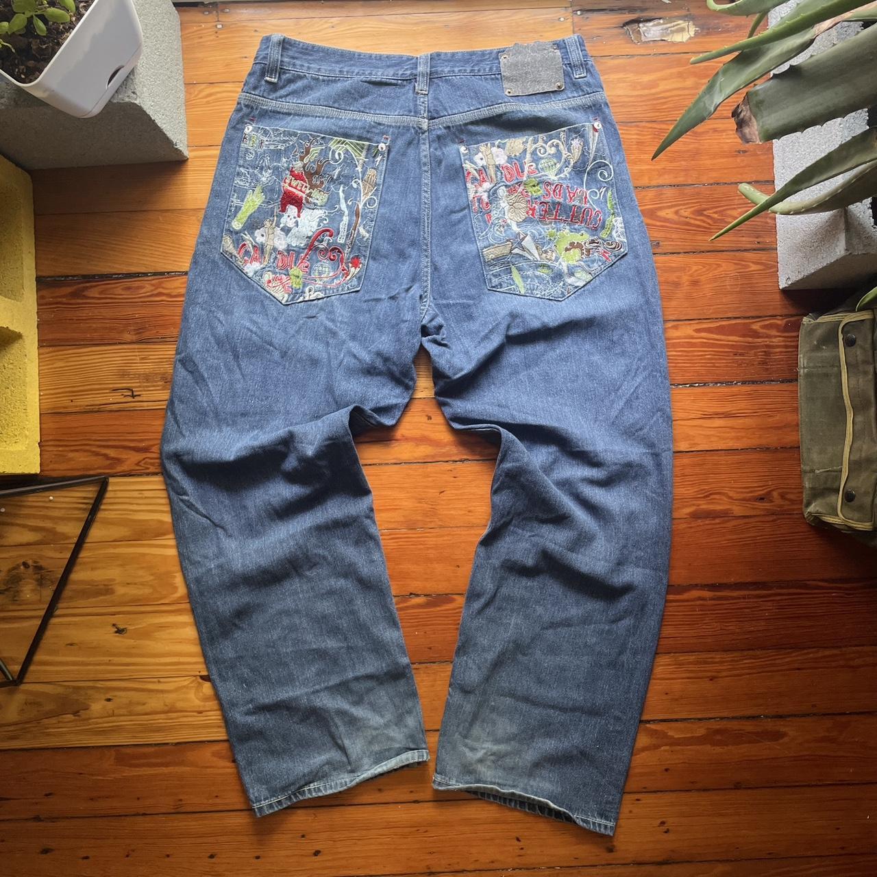 y2k artful dodger embroidered jeans super fire pit... - Depop