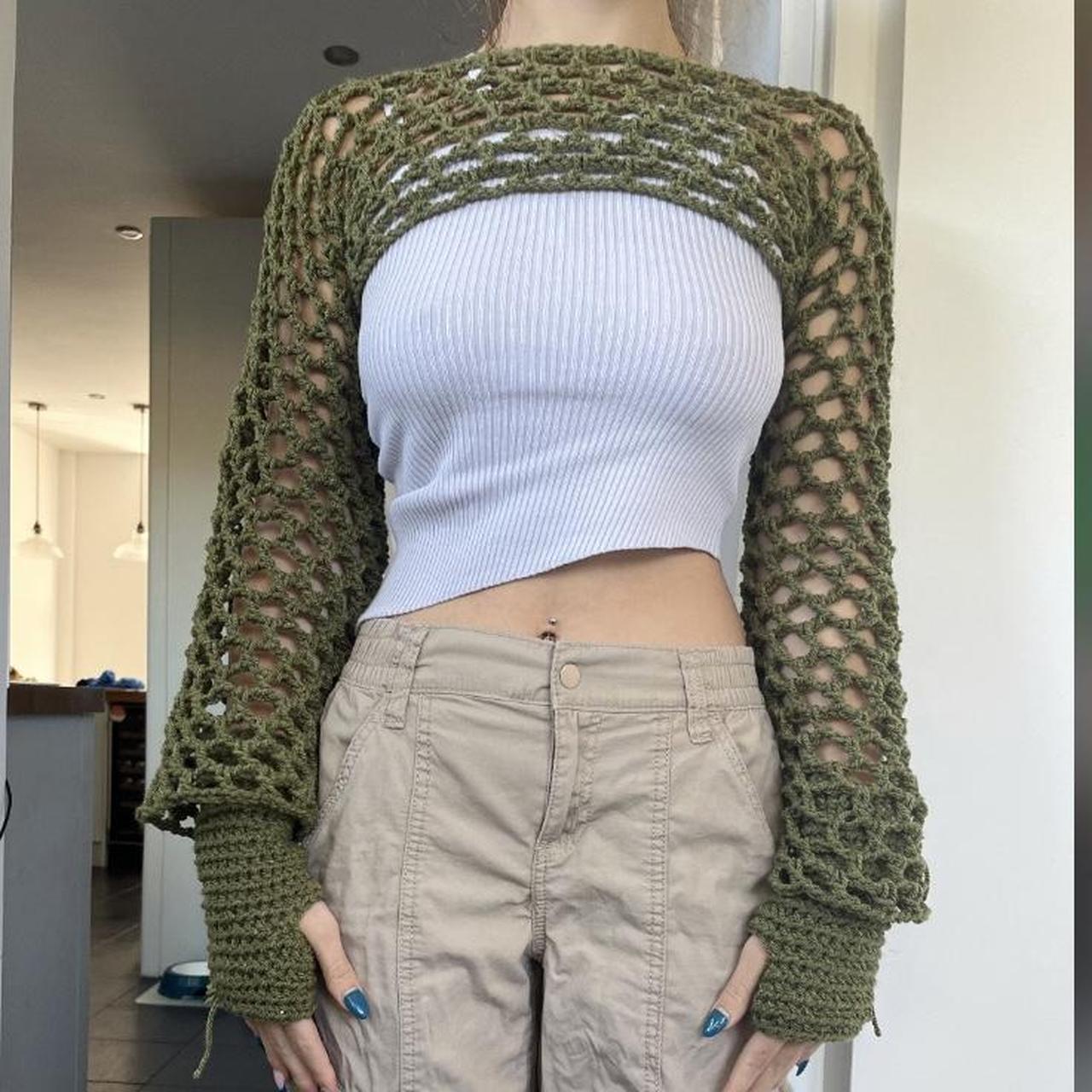 khaki handmade crochet cropped mesh shrug top/bolero... - Depop