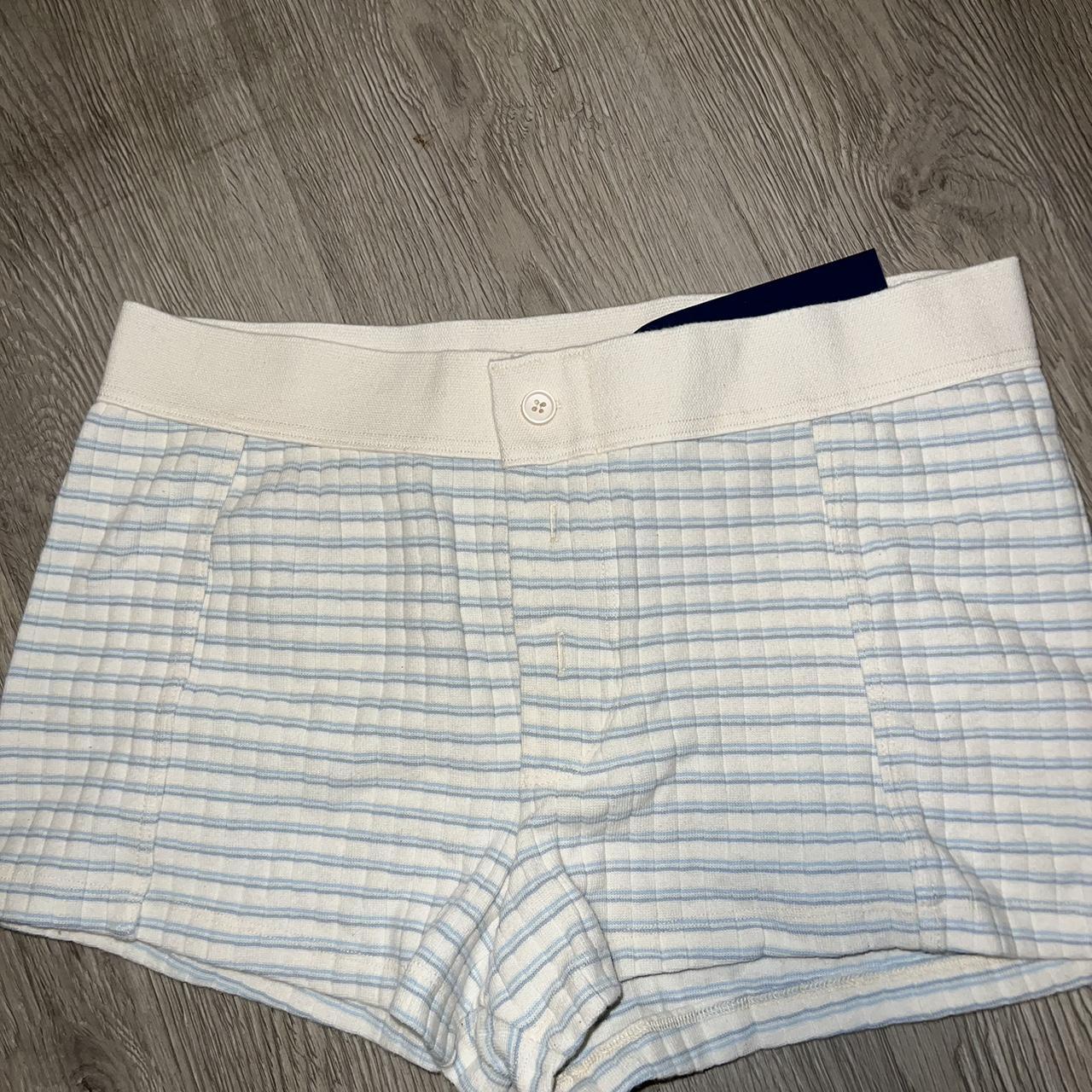 Brandy Melville blue and cream boxer shorts. Brand... - Depop