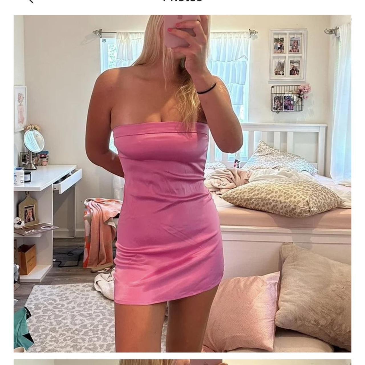 Pink satin strapless mini dress Size small Cute fun... - Depop
