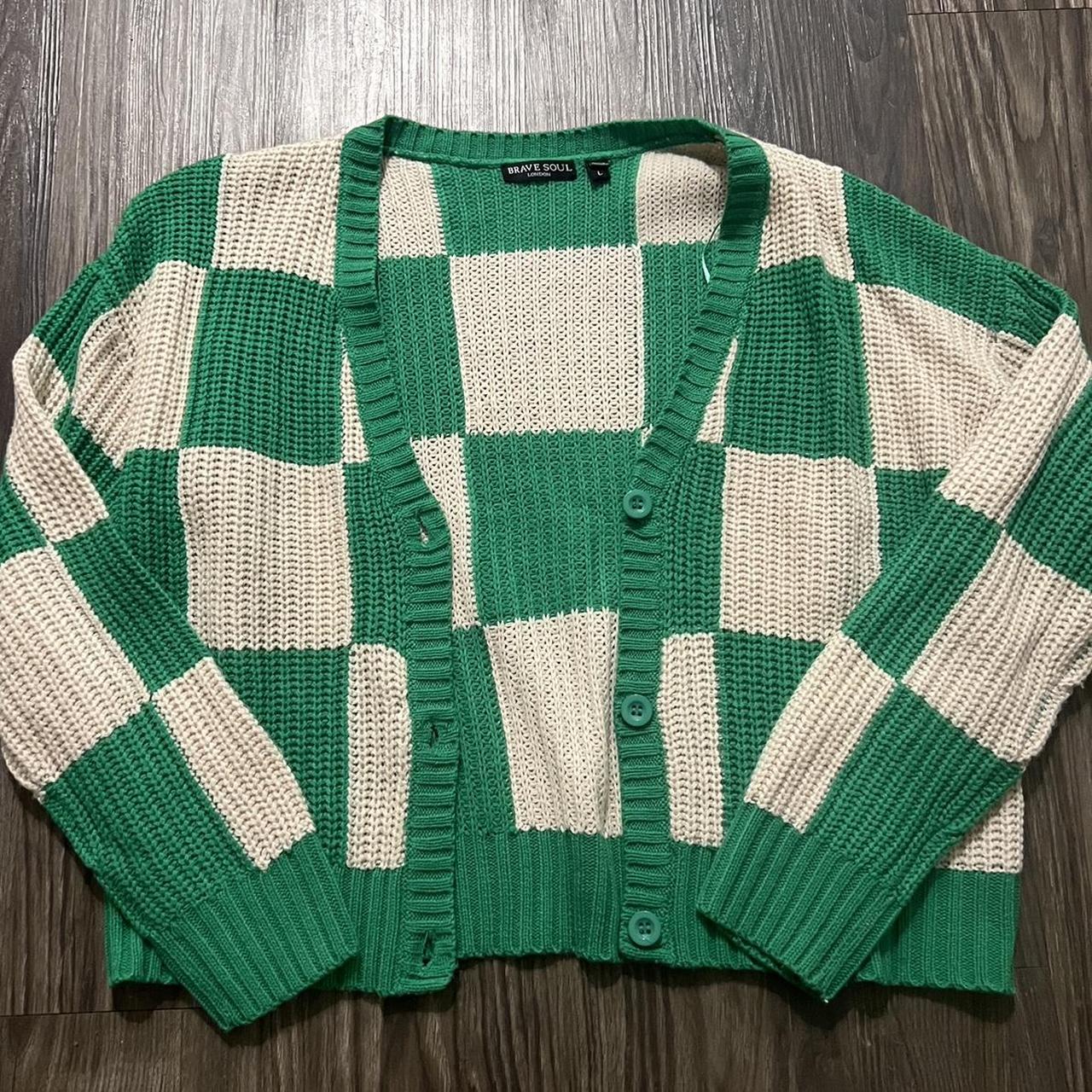 Brave Soul Beige And Green Checkered Cardigan - Depop