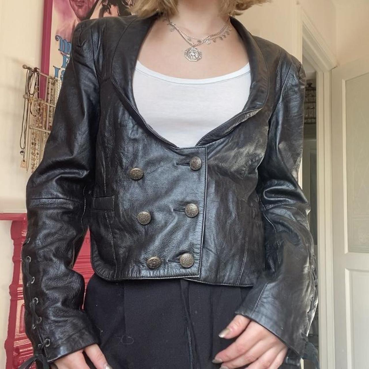 Vintage leather jacket with lace arm detailings and... - Depop