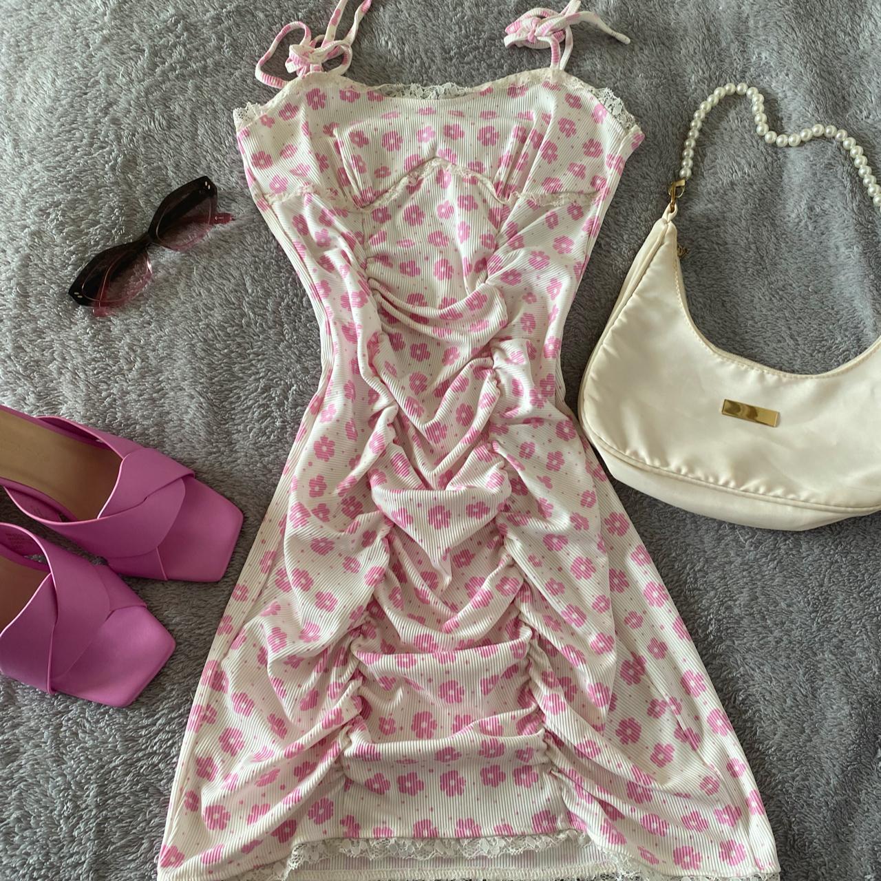 pink floral mini dress lace pink and white mini... - Depop